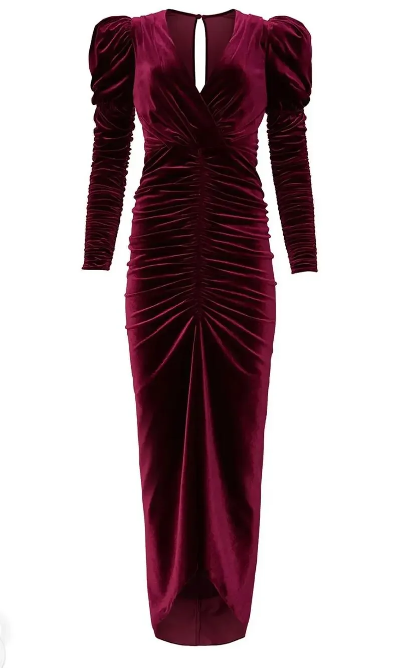 Ronny Kobo Alicia Velvet Midi Dress Burgundy Red Long Sleeve XL Sheath